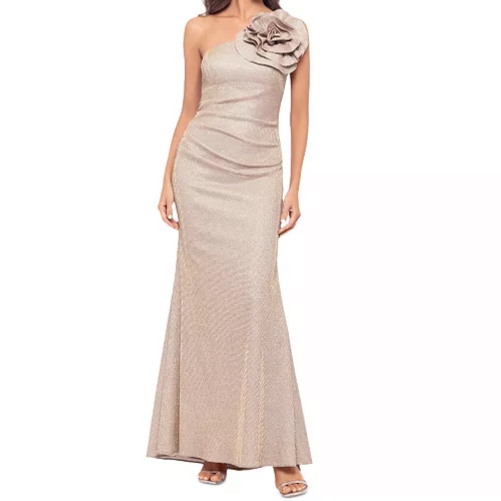 Betsy & Adam One-Shoulder Champagne/Rose Gold Evening Gown with Floral Applique